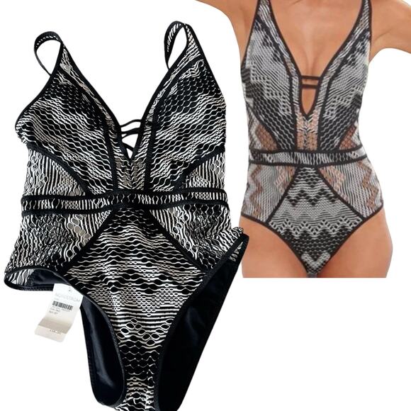 NEW BECCA Reveal Plunge One Piece SWIMSUIT SM Womens Black Crochet Bathing Suit! - Picture 1 of 16